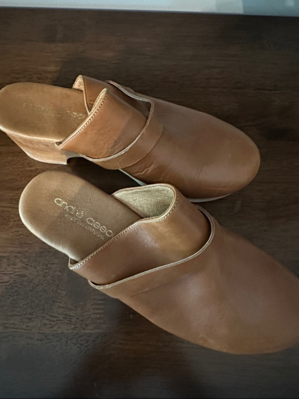 Andre Assous Brown Leather Slip-On Clog Mules